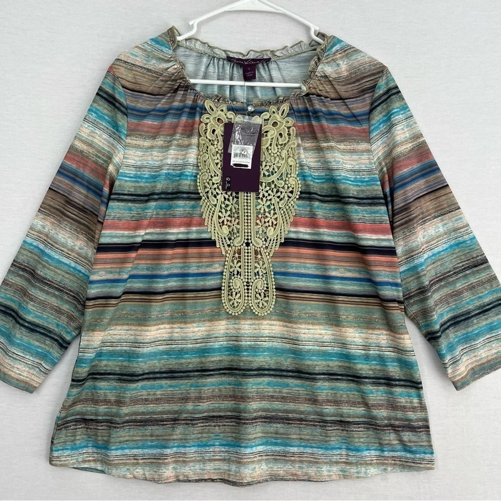 New Gloria Vanderbilt Striped Crochet Detail Stretch Boho Top Large